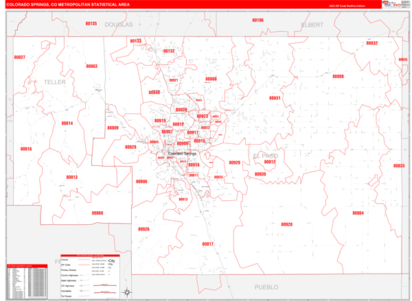 Colorado Springs Metro Area Wall Map Red Line Style